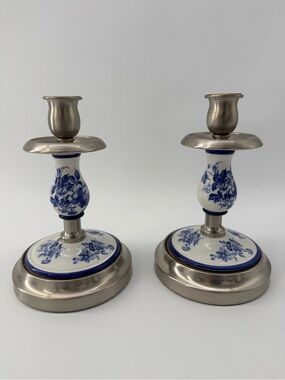 Blue and White Floral Ceramic Pewter Candlestick Pair